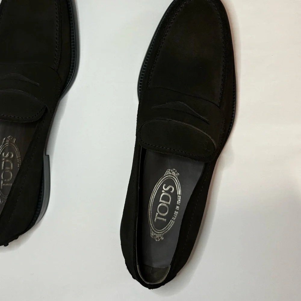 TODS Mens Suede Penny Loafers dark dark brown